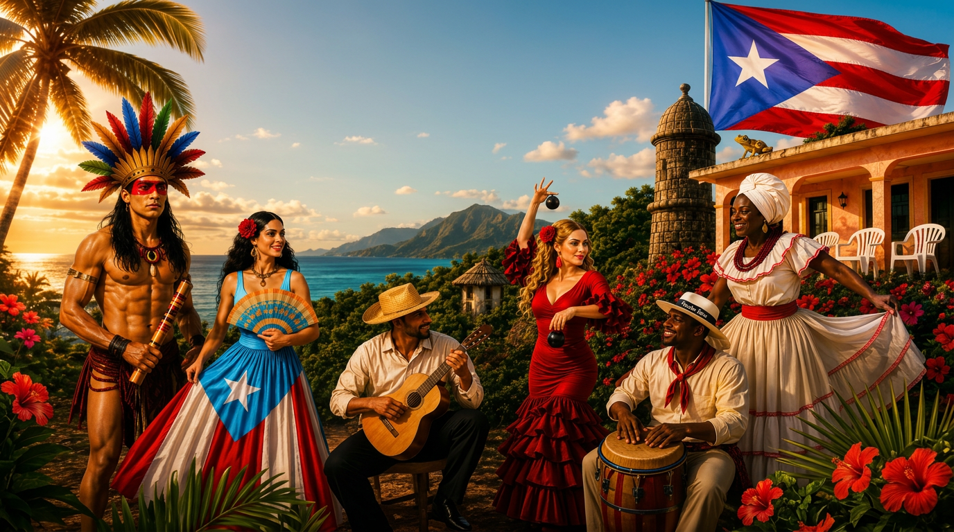 Taino warrior, Spanish-influenced dancer, guitarist, flamenco dancer, drummer, and Bomba dancer celebrating Puerto Rican heritage with the Puerto Rican flag
